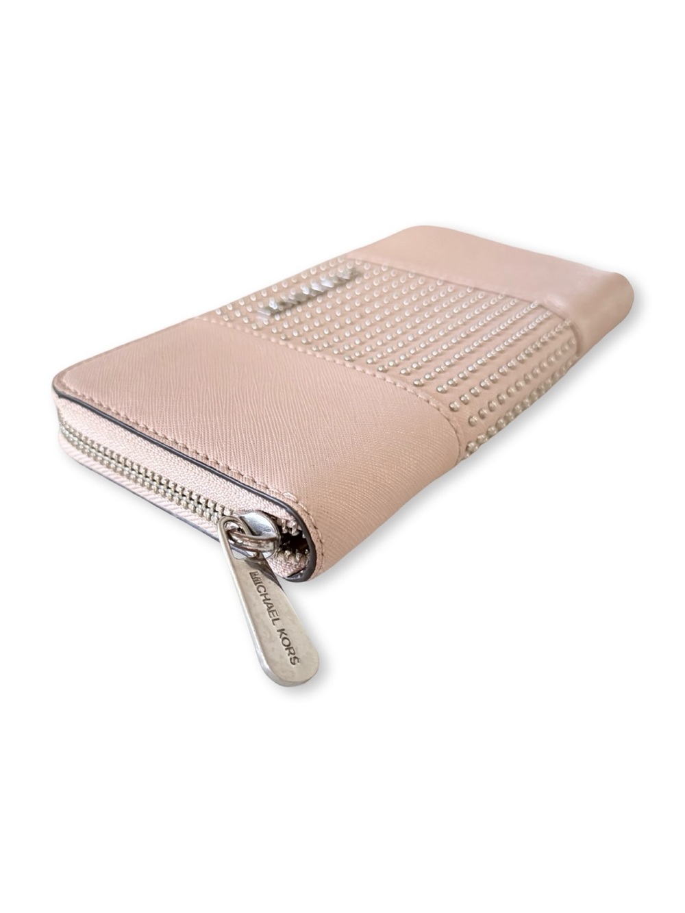 Michael Kors Pink Saffiano Leather Micro Stud Zip Around Continental Wallet - Picture 4 of 7